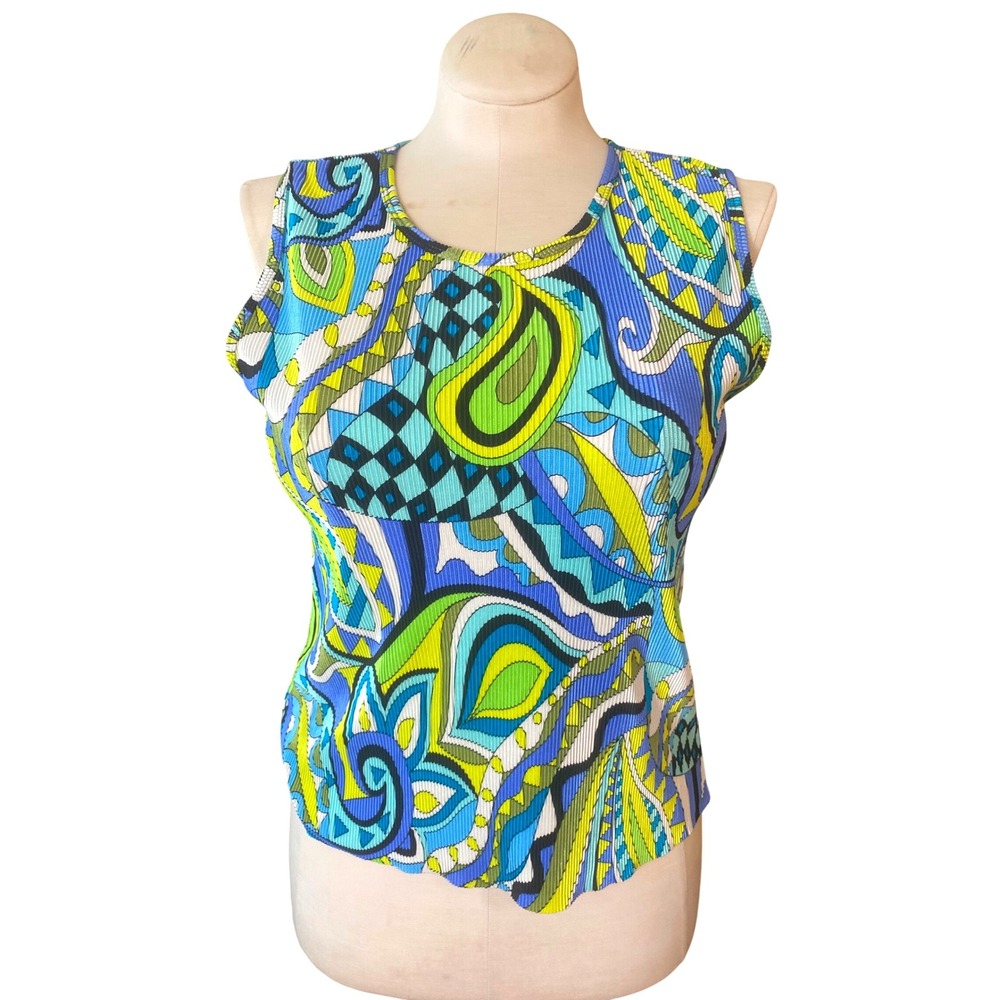 Plisse Large Psychedelic Abstract Micro Pleat Sleeveless Top Blue Green new wave